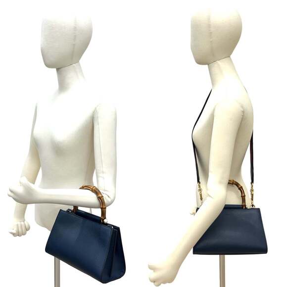GUCCI Blue Leather Bamboo Shoulder Bag - Picture 2 of 10